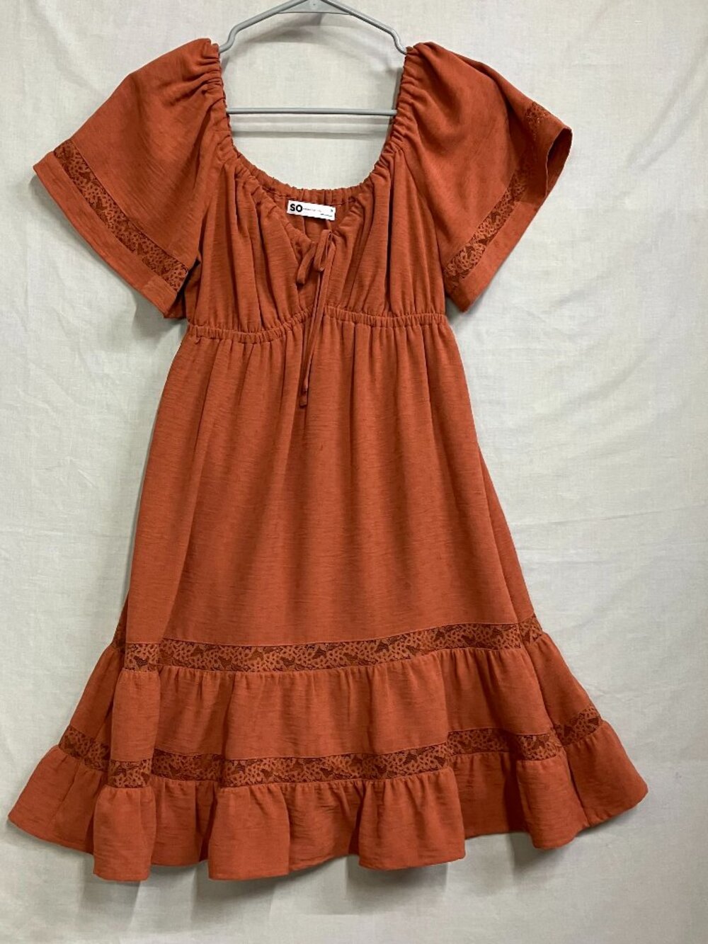 SO Goods For Life A-Line Mini Dress Women Size M Brown Boho Peasant Lace Trim